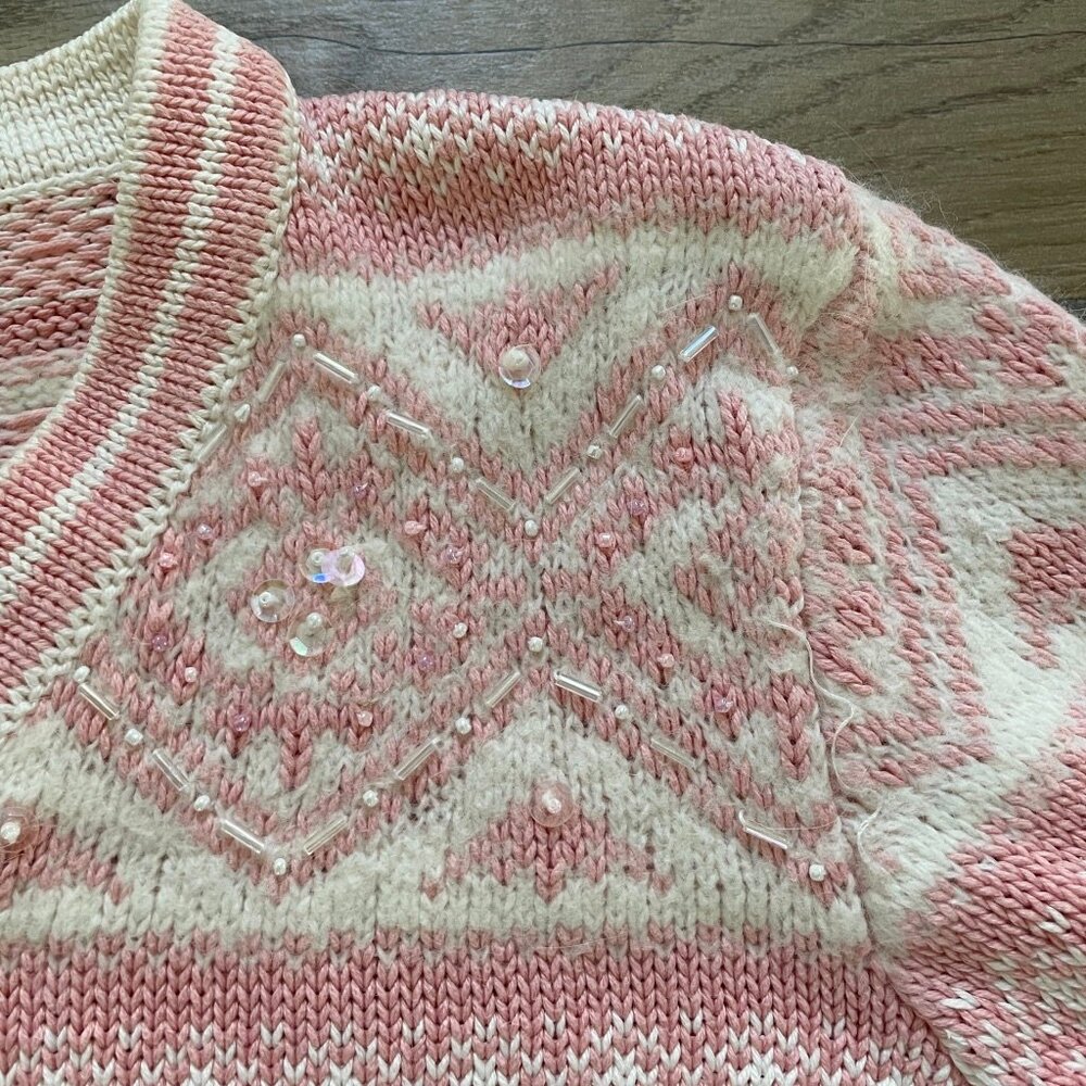 St. Johns Bay Sweater Womens Medium Petite Pink Fair Isle beaded Angora Pullover - Picture 7 of 12